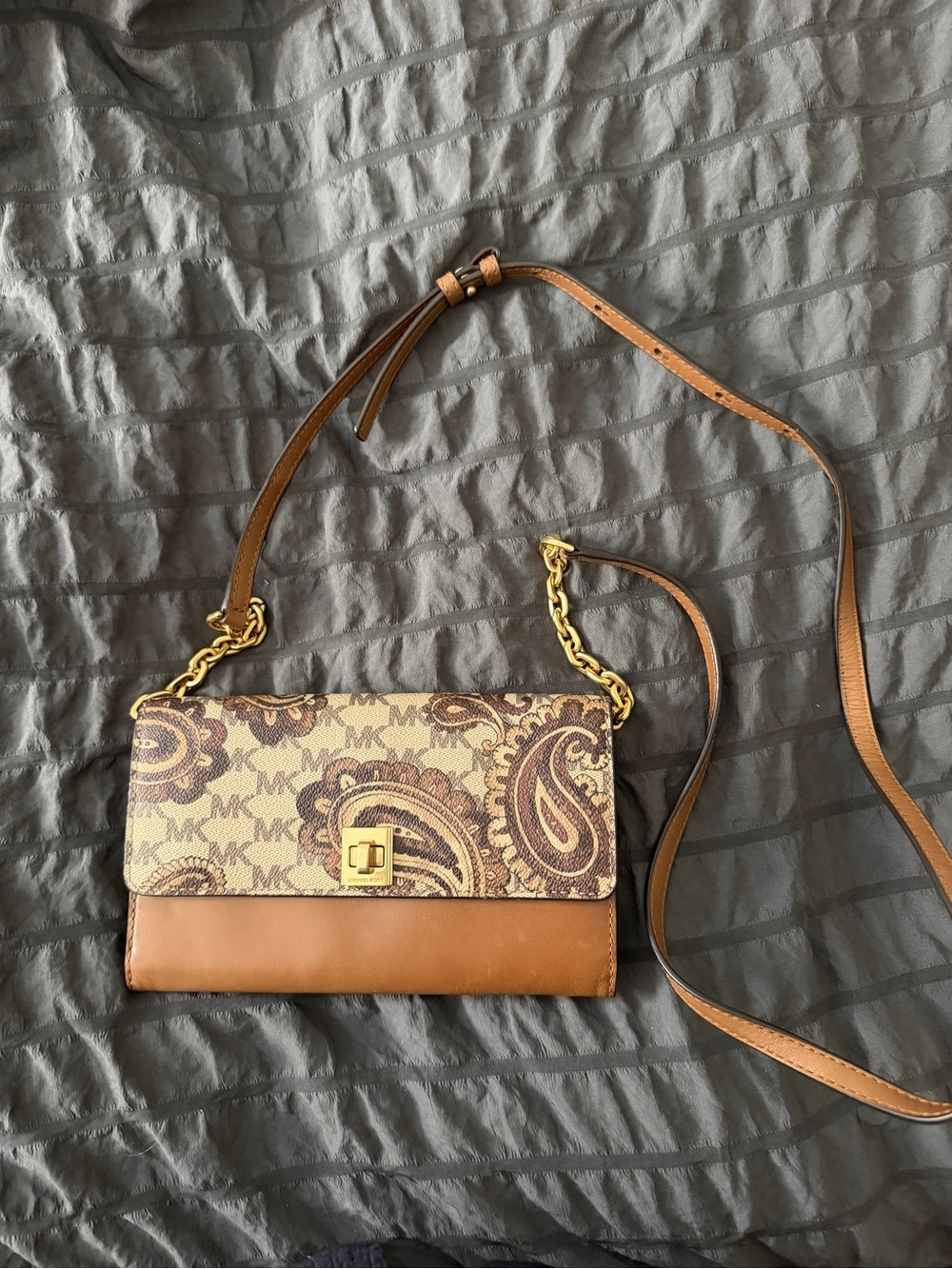 Michael Kors Brown Paisley MK Logo Crossbody with Gold Chain